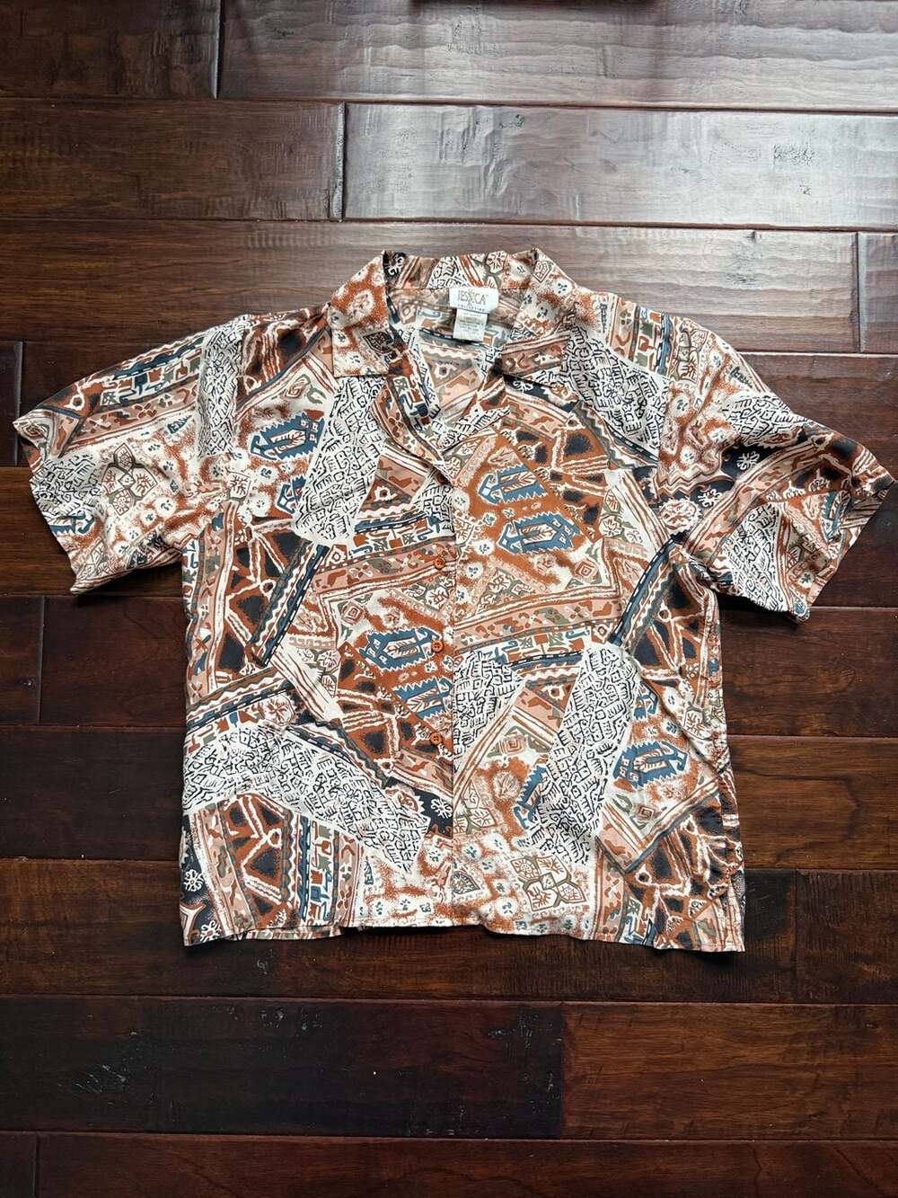 Vintage Jessica Collection 100% Silk Short Sleeve Abstract Geometric Print Blous